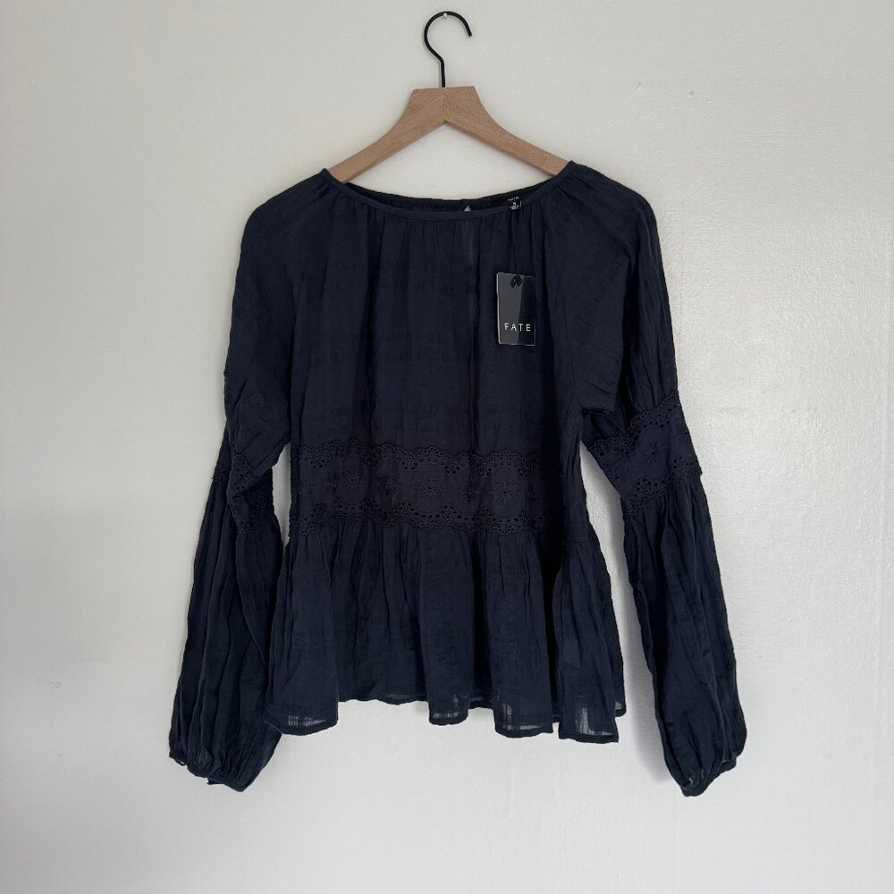 NWT Fate Navy Blue Cottage Core Boho Long Sleeve Flowy Top Size Small
